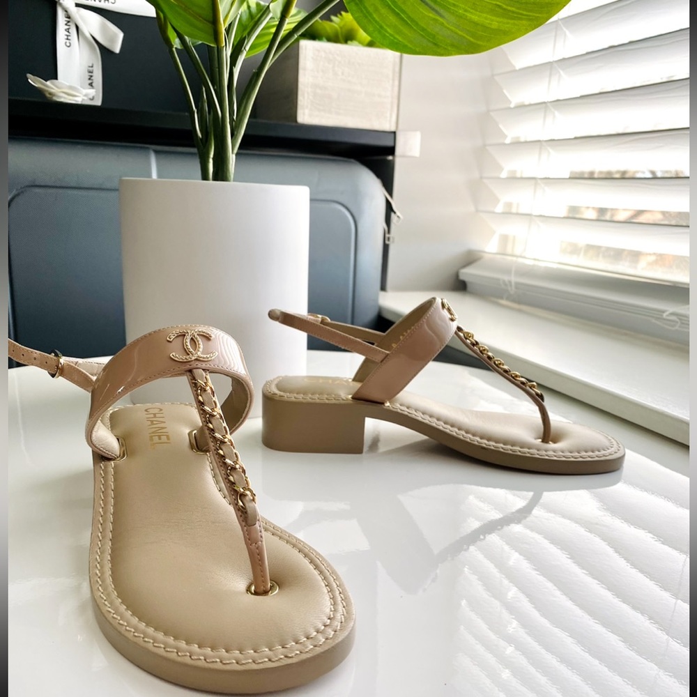Chanel CC T Strap block heel sandal nude